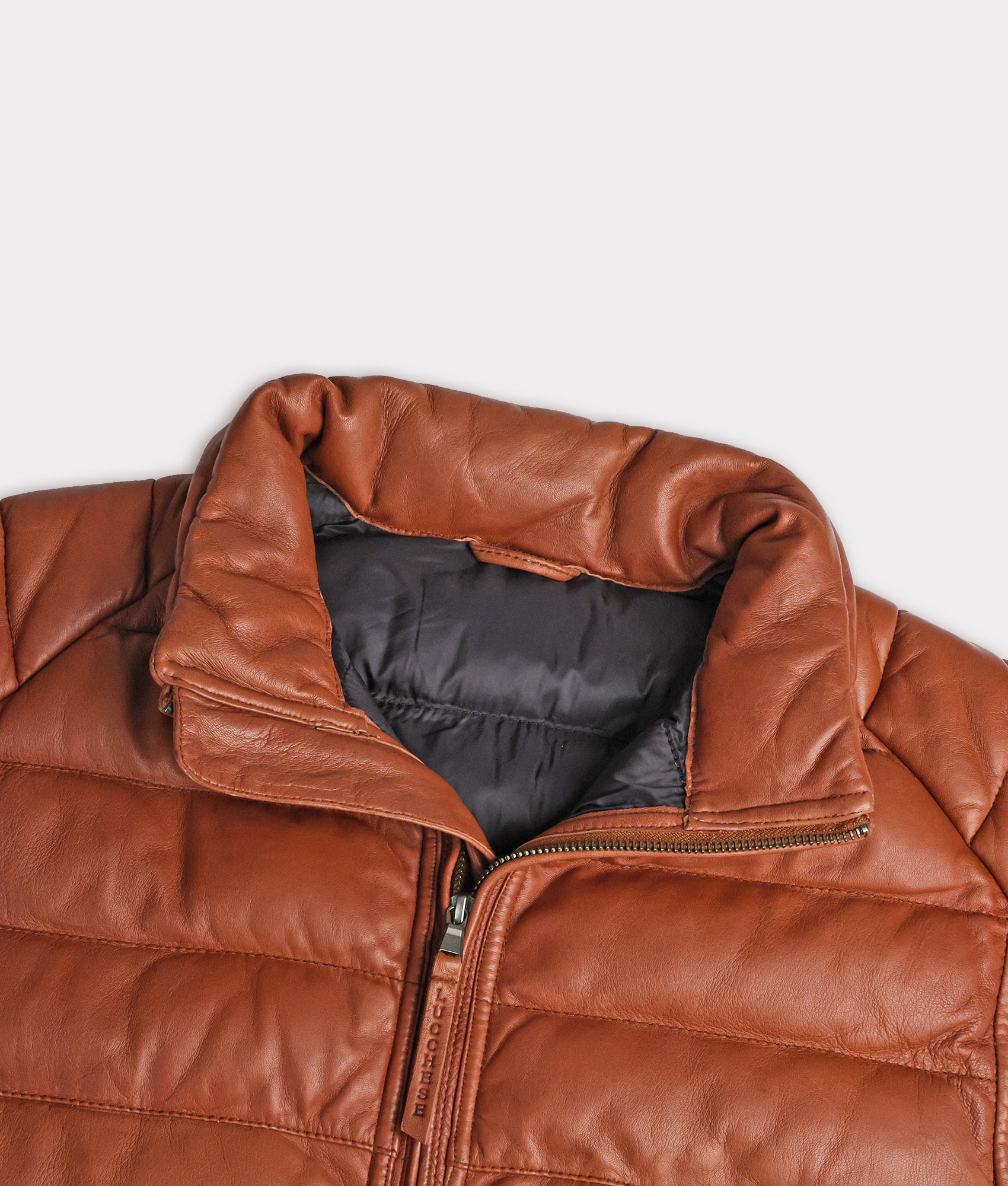 Men's Leather Puffer Vest :: Cognac - Image 8