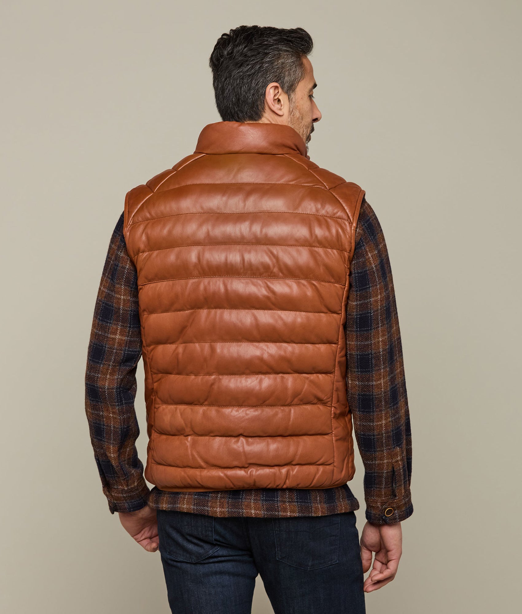 Men's Leather Puffer Vest :: Cognac - Image 4