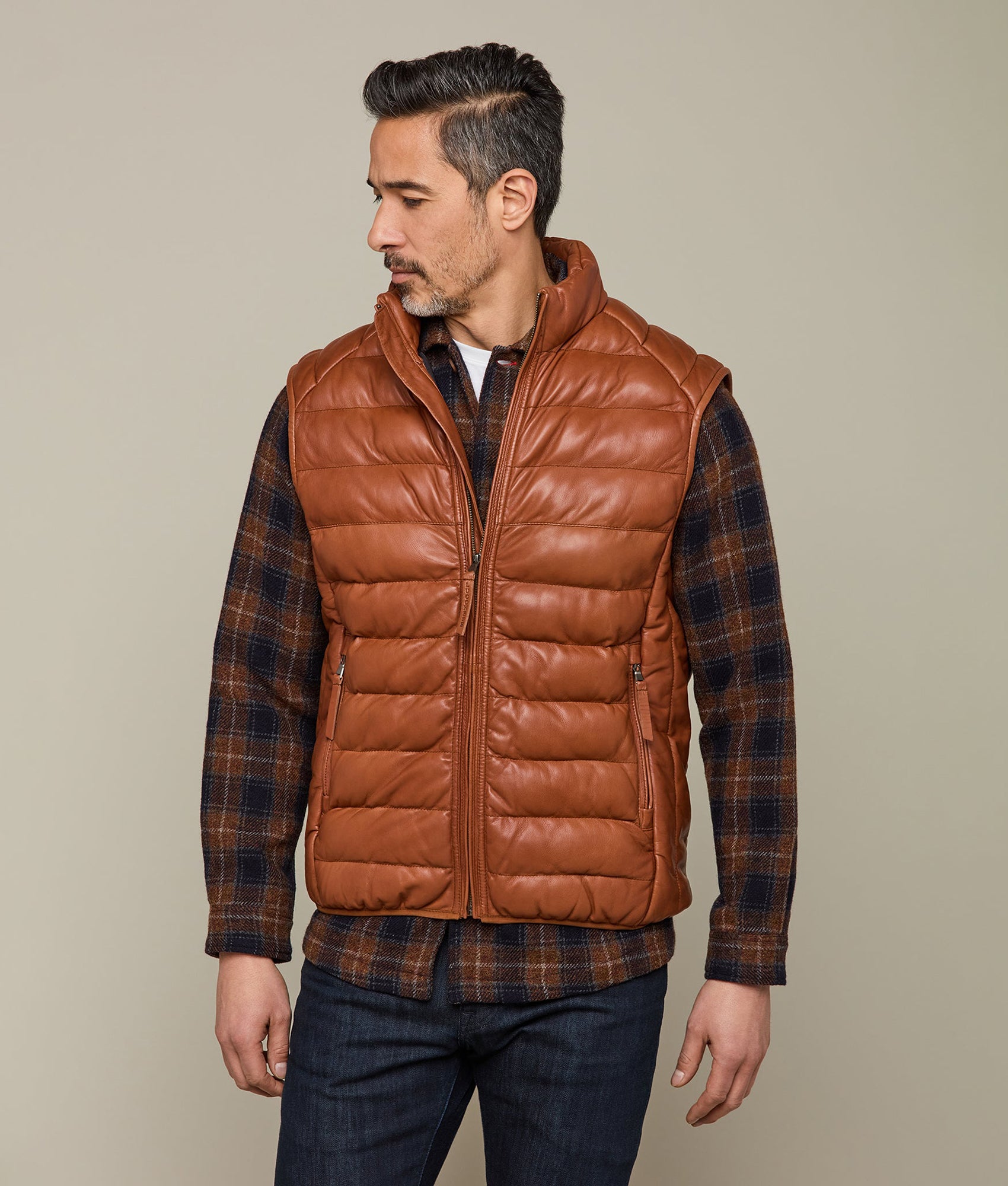 Men's Leather Puffer Vest :: Cognac - Image 2