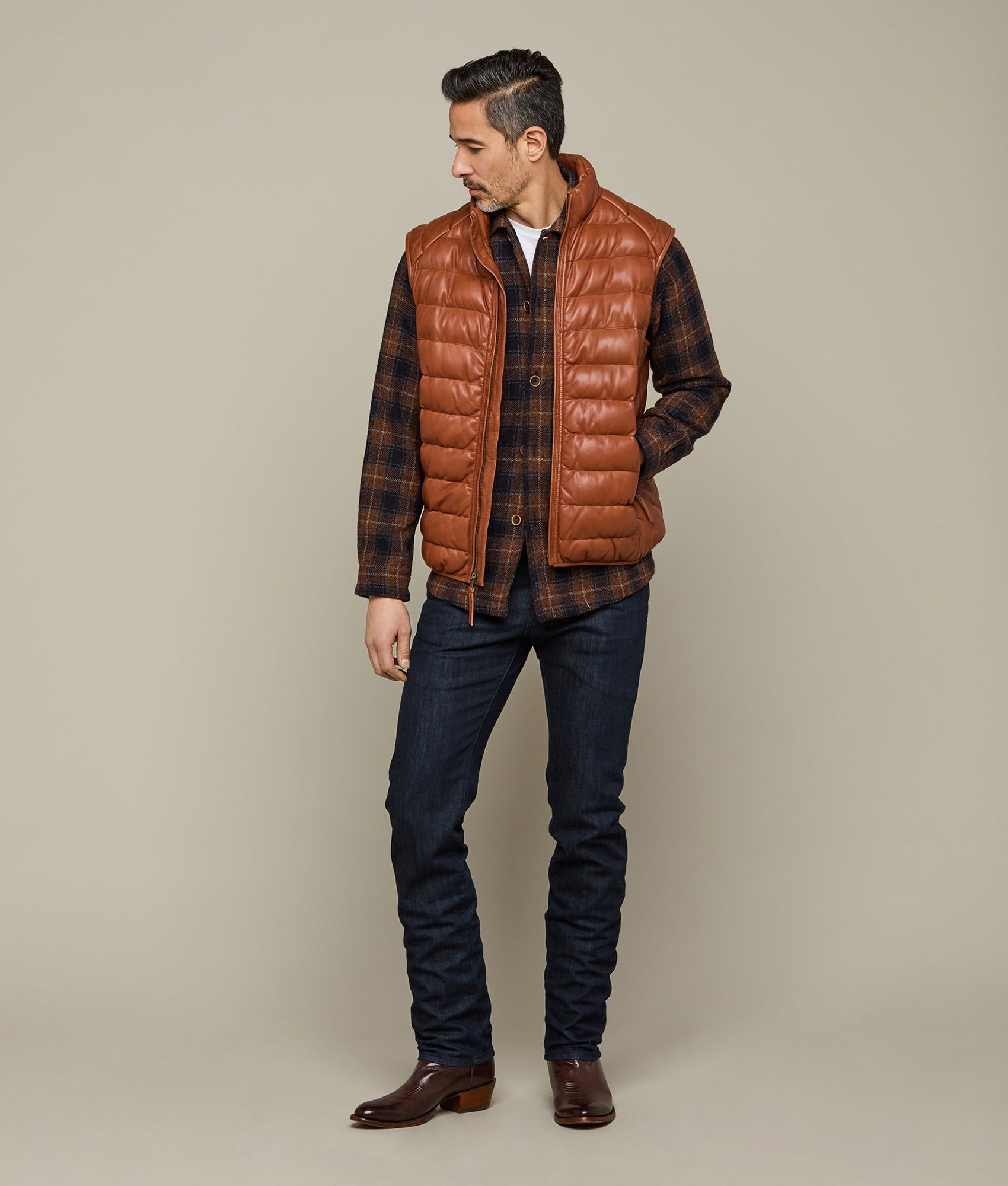 Men's Leather Puffer Vest :: Cognac - Image 3